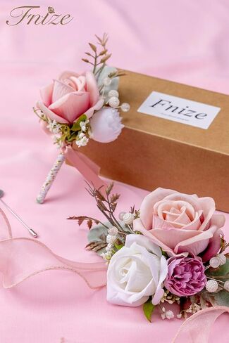 Fnize Blue Corsage and Boutonniere Set for Bride Groom Bridesmaids Groomsmen Wedding Homecoming Flowers Prom Suit Accessories, Rose Boutonniere and Wrist Corsage Flower in Saudi Arabia