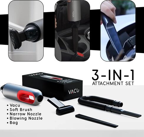 Wireless Handheld Car Vacuum Cleaner - Strong Suction, USB Rechargeable, X-Small, Lightweight, Gray & Red with 3-in-1 Accessories Set - Ergonomic, Compact and Easy to Use in Saudi Arabia