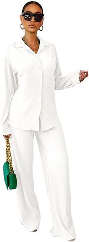 مجموعة ملابس Fastkoala المثيرة المكونة من قطعتين للنساء، كاجوال بأكمام طويلة وأزرار سفلية، مجموعة بدلات رياضية واسعة الساق in Kuwait