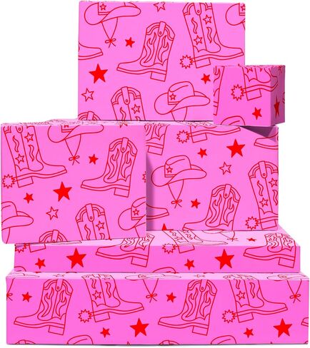CENTRAL 23 Pink And Red Wrapping Paper - Cowboy Boots And Hats - 6 Sheets Of Birthday Gift Wrap - Wild West - Rodeo - For Women - Bridal Wrapping Paper - Recyclable in Saudi Arabia