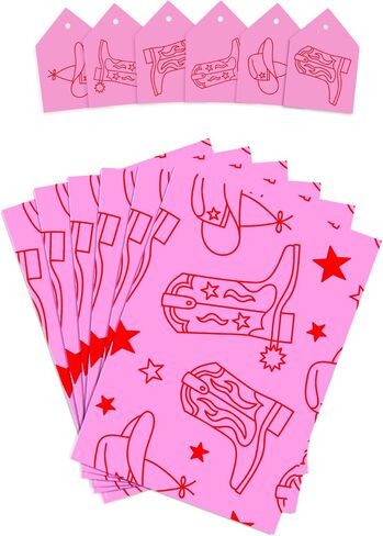 CENTRAL 23 Pink And Red Wrapping Paper - Cowboy Boots And Hats - 6 Sheets Of Birthday Gift Wrap - Wild West - Rodeo - For Women - Bridal Wrapping Paper - Recyclable in Saudi Arabia