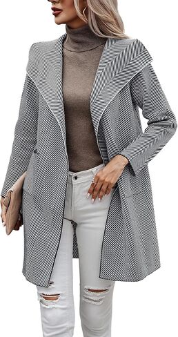 سترة صوفية نسائية من ECOWISH - خريف 2023 سترة متماسكة وأكمام طويلة مخططة غير رسمية مفتوحة من الأمام سترة معطف in Kuwait