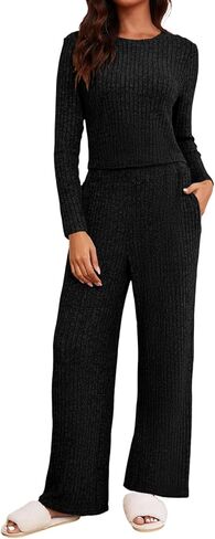 Ybenlow طقم صالة نسائي مكون من قطعتين بيجامات وأكمام طويلة مضلع متماسكة قطع علوية فضفاضة بنطال ذو قصة أرجل واسعة بدلة رياضية غير رسمية in Kuwait