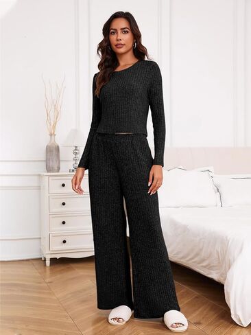 Ybenlow طقم صالة نسائي مكون من قطعتين بيجامات وأكمام طويلة مضلع متماسكة قطع علوية فضفاضة بنطال ذو قصة أرجل واسعة بدلة رياضية غير رسمية in Kuwait