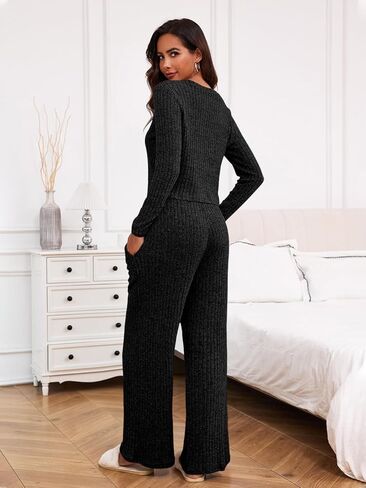 Ybenlow طقم صالة نسائي مكون من قطعتين بيجامات وأكمام طويلة مضلع متماسكة قطع علوية فضفاضة بنطال ذو قصة أرجل واسعة بدلة رياضية غير رسمية in Kuwait