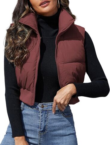 Dqbeng Puffer Vest Women Zip Up Stand Collar Sleeveless Outerwear Cropped Puffer Vest Padded Gilet in Kuwait