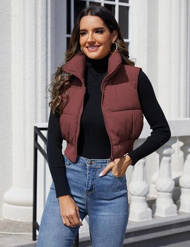 Dqbeng Puffer Vest Women Zip Up Stand Collar Sleeveless Outerwear Cropped Puffer Vest Padded Gilet in Kuwait