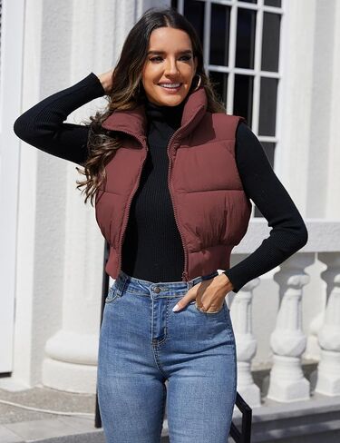 Dqbeng Puffer Vest Women Zip Up Stand Collar Sleeveless Outerwear Cropped Puffer Vest Padded Gilet in Kuwait