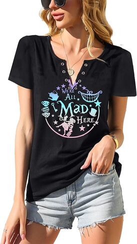 ASTANFY We're All Mad Here Shirt Women Magical Graphic Tees Cute Vacation Tops Casual Short Sleeve Shirts in Saudi Arabia