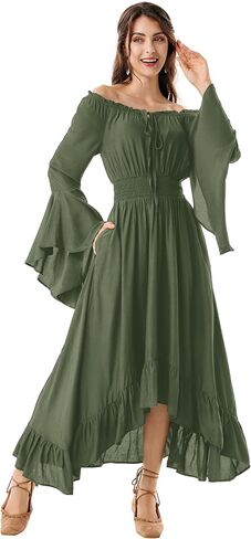 Scarlet Darkness Renaissance Faire Costume Women Off Shouder Long Bell Sleeve High Low Dress in Kuwait