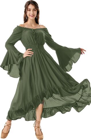 Scarlet Darkness Renaissance Faire Costume Women Off Shouder Long Bell Sleeve High Low Dress in Kuwait