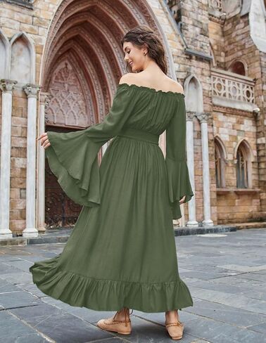 Scarlet Darkness Renaissance Faire Costume Women Off Shouder Long Bell Sleeve High Low Dress in Kuwait