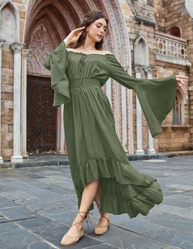 Scarlet Darkness Renaissance Faire Costume Women Off Shouder Long Bell Sleeve High Low Dress in Kuwait