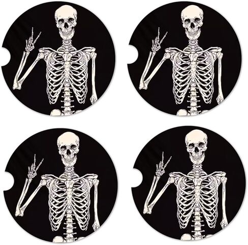 4 قطع قواعد أكواب للسيارة ماصة للمشروبات، قواعد سيارة من حجر السيراميك الماص للمشروبات وإكسسوارات السيارة للهالوين مع قاعدة من الفلين، هيكل عظمي مضحك لجمجمة الهالوين لحاملي الأكواب in Kuwait