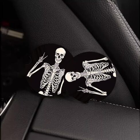 4 قطع قواعد أكواب للسيارة ماصة للمشروبات، قواعد سيارة من حجر السيراميك الماص للمشروبات وإكسسوارات السيارة للهالوين مع قاعدة من الفلين، هيكل عظمي مضحك لجمجمة الهالوين لحاملي الأكواب in Kuwait