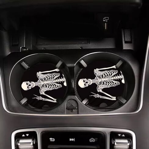 4 قطع قواعد أكواب للسيارة ماصة للمشروبات، قواعد سيارة من حجر السيراميك الماص للمشروبات وإكسسوارات السيارة للهالوين مع قاعدة من الفلين، هيكل عظمي مضحك لجمجمة الهالوين لحاملي الأكواب in Kuwait