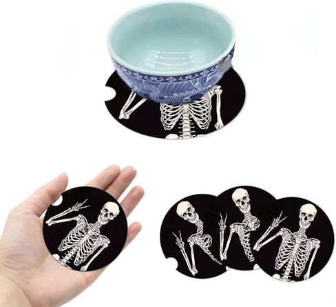 4 قطع قواعد أكواب للسيارة ماصة للمشروبات، قواعد سيارة من حجر السيراميك الماص للمشروبات وإكسسوارات السيارة للهالوين مع قاعدة من الفلين، هيكل عظمي مضحك لجمجمة الهالوين لحاملي الأكواب in Kuwait