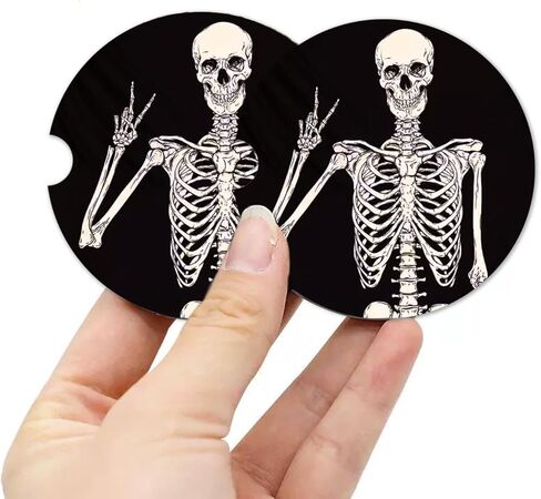 4 قطع قواعد أكواب للسيارة ماصة للمشروبات، قواعد سيارة من حجر السيراميك الماص للمشروبات وإكسسوارات السيارة للهالوين مع قاعدة من الفلين، هيكل عظمي مضحك لجمجمة الهالوين لحاملي الأكواب in Kuwait