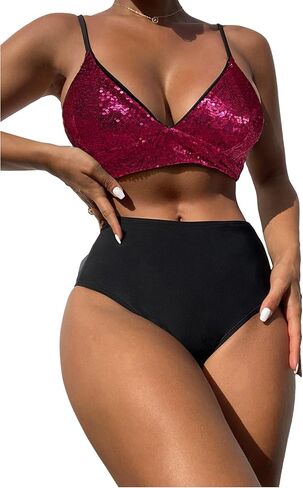 بدلة سباحة بيكيني نسائية من Floerns مكونة من قطعتين من الألوان المزينة بالترتر وخصر عالٍ in Kuwait