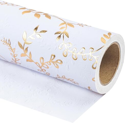 WRAPAHOLIC 3D Kraft Wedding Wrapping Paper Roll - Mini Roll - 17 Inch x 16.5 Feet - Silver and White Leaves Design with Embossed Perfect for Birthday, Bridal Shower, Wedding, Baby Shower in Saudi Arabia