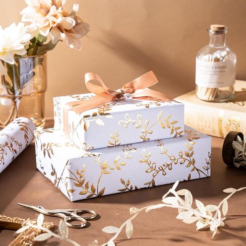 WRAPAHOLIC 3D Kraft Wedding Wrapping Paper Roll - Mini Roll - 17 Inch x 16.5 Feet - Silver and White Leaves Design with Embossed Perfect for Birthday, Bridal Shower, Wedding, Baby Shower in Saudi Arabia