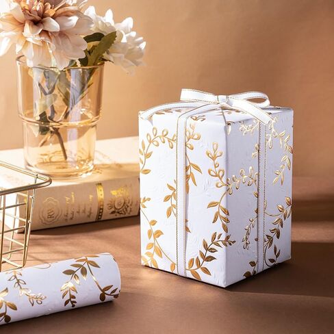 WRAPAHOLIC 3D Kraft Wedding Wrapping Paper Roll - Mini Roll - 17 Inch x 16.5 Feet - Silver and White Leaves Design with Embossed Perfect for Birthday, Bridal Shower, Wedding, Baby Shower in Saudi Arabia