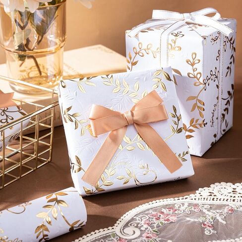 WRAPAHOLIC 3D Kraft Wedding Wrapping Paper Roll - Mini Roll - 17 Inch x 16.5 Feet - Silver and White Leaves Design with Embossed Perfect for Birthday, Bridal Shower, Wedding, Baby Shower in Saudi Arabia