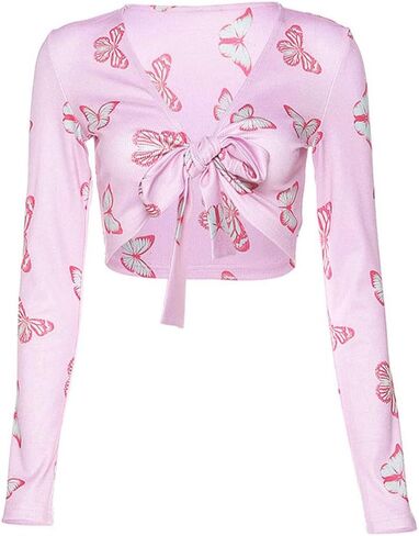 Women's Sexy Long Sleeve Tie Up Crop Top Feather Trim Deep V Neck Basic Tight Shirt Faux Fur Blouse in Kuwait