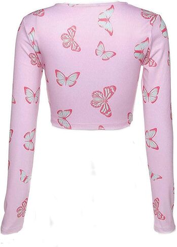 Women's Sexy Long Sleeve Tie Up Crop Top Feather Trim Deep V Neck Basic Tight Shirt Faux Fur Blouse in Kuwait