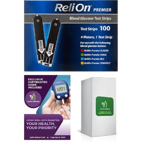 ReliOn Premier Blood Glucose Test Strips - Blood Glucose Test Strips - Test Strips for Diabetes - Blood Sugar Test Strips Diabetic Test Strips - Reli On Premier Test Strips 100 Count+Better L&S Guide