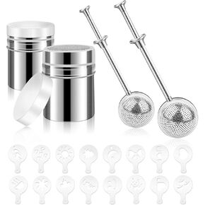 20pcs Powder Sugar Shaker Flour Duster Set Stainless Steel Powder Shaker Dust Flour Sifter with Spring-operated handle Bonus 16pcs Printing Molds Stencils for Coffee Cappuccino Latte