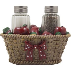 Apple Basket Glass Salt and Pepper Shaker Set with Holder in Country Kitchen Decor and Decorative Dining Room Table Gifts for Farmers