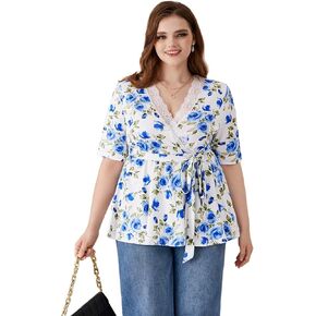 SOLY HUX Women's Plus Size Peplum Tops V Neck Wrap Tie Front Floral Print Lace Trim Casual T Shirt Tops