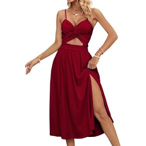 KIFOVEN Women's Twist V Neck Sleeveless Spaghetti Strap High Split Ruched Long Dress