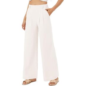 Zontroldy Cotton Linen Wide Leg Palazzo Beach Pants for Women Casual Elastic High Waist Smocked Lounge Pants