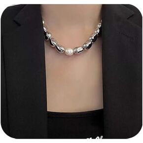 Silver Pearl Beaded Choker Necklace Bead Chain Necklace Pearl Choker Necklace Beaded Collar Necklace Jewelry for Women Gifts