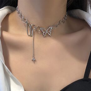 Kercisbeauty Titanium Steel Silver Butterfly Pendant Open Circle Link Chain Choker Necklace for Women Girls Punk Jewelry