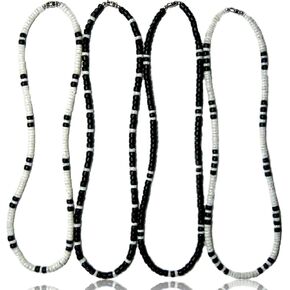 18" (4 Pack) Mens and Womens Tropical Summer Beach Surfer Necklaces from the Philippines, Black Coconut Beads and White Ark Shells