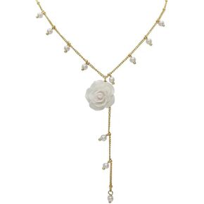 Camellia Rose Flower Choker Y-Shape Chain Lace Flower Beaded pearl Necklace Y Collar Chain Long Tassel Choker Elegant Camellia Pendant Clavicle Necklace Adjustable Flower Choker Jewelry for Women