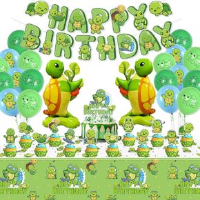 Turtle Party Decorations - Including Turtle Balloons, Happy Birthday Banner, Cake Topper, and Green Tablecloth for Under the Sea Party Decorations Turtle Birthday Party Supplies