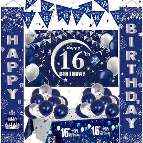 16th Birthday Decorations for Boys and Girls Blue, Happy 16th Birthday Door Backdrop Banner Balloons 16 Years Old Birthday Porch Sign Party Supplies with Latex Balloons Decor 16th Bday Women Her Him