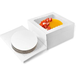 10 Set Cake Boxes And Cake Boards – 10x10x5 Inches Cake Box With 10 Inch Cake Board With 4mm Thickness, White Bakery Boxes With Window