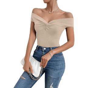 SweatyRocks Women's Off Shoulder Twist Front Ribbed Knit Short Sleeve Tops Casual Elegant Slim Fit Tee Shirts