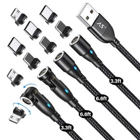 A.S Magnetic Charging Cable[4PACK, 3.3/3.3/6.6/6.6ft]-3 in 1 Magnetic Phone Charger Data Transfer Cord-Magnetic USB C Charging Cable-Magnetic Charger Cable for Micro USB/TypeC/iPhone Nylon Braided