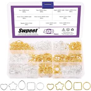 Swpeet 400Pcs Gold and Sliver 12mm 15mm 16mm 18mm 5 Styles Open Jump Rings Assortment Kit, Plum Bossom/Water Droplets/Heart/SquareIron O Rings Connectors Jewelry Findings