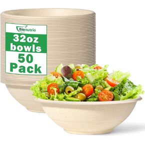 32oz Large Paper Bowls Disposable, 50 Pack Heavy Duty Bowls For Hot Soup, Biodegradable Compostable Bowls, Microwavable Deep Paper Bowls For Milk, Cereals, Snacks, Salads, Eco Friendly Bagasse Bowls