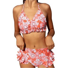 OYOANGLE Girl's 2 Piece Swimsuit Floral Print Ruffle Trim Wireless Halter Swimwear Mid Rise Bikini Sets