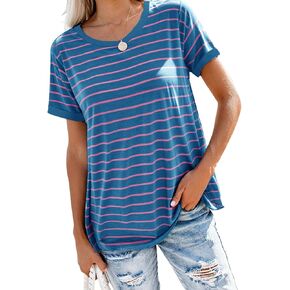 Bingerlily Women's Roll Up Short Sleeve T Shirts Crew Neck Tops Loose Casual Tees with Pocket