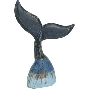 Exquisite Coastal Blue Carved Wooden Whale Tail Sculpture - 16-Inch High Tabletop Statue Ideal for Nautical Home Decor, Beach Houses, and Coastal-Themed Spaces