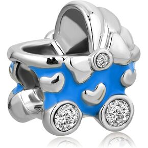 Women Blue Babby Stroller Charm Compatible with Pandora Bracelets Baby Carriage Mother Wife Husband Birthday Anniversary
